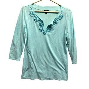 Talbots Women V Neck Pullover Med Beads Ribbon Cotton Summer Beach‎ Resort